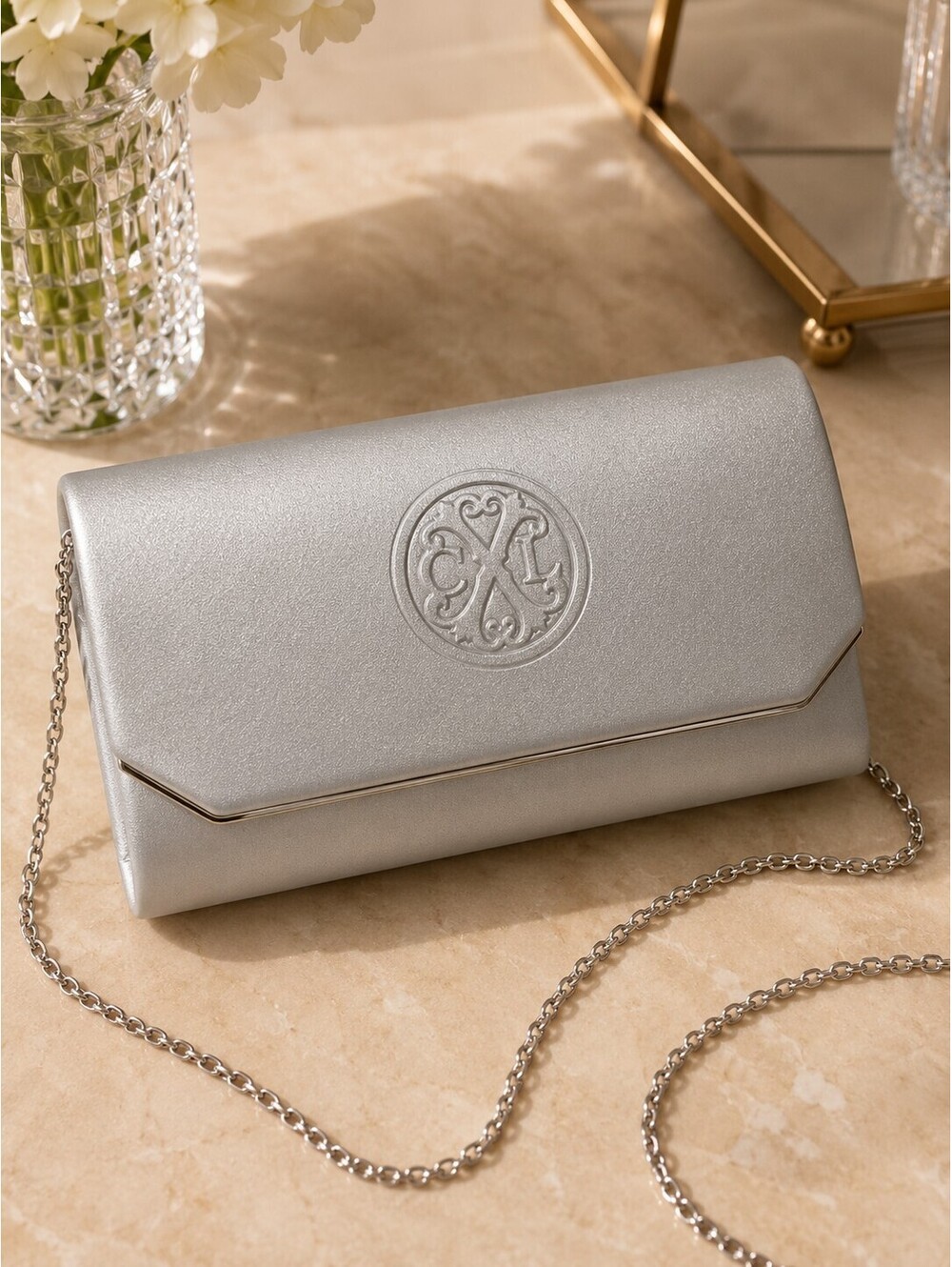 CXL Christian Lacroix Madison Silver Smooth Metallic Evening Clutch NWT